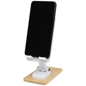 Alfirk Klappbare Smartphonehalterung aus recyceltem Kunststoff mit Bambusdetails, weiss bedrucken, Art.-Nr. 12446401