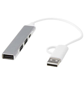 Alkaid 4 Port Hub aus recyceltem Aluminium mit USB-A- und Typ-C-Anschlüssen und zwei Eingängen, silber bedrucken, Art.-Nr. 12446981