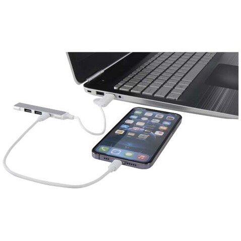 Alkaid 4 Port Hub aus recyceltem Aluminium mit USB-A- und Typ-C-Anschlüssen und zwei Eingängen, silber bedrucken, Art.-Nr. 12446981 Alkaid 4 Port Hub aus recyceltem Aluminium mit USB-A- und Typ-C-Anschlüssen und zwei Eingängen, silber bedrucken, Art.-Nr. 12446981