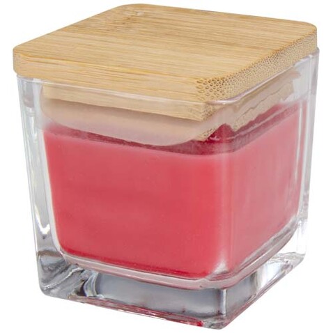 Ambra Quadratische Glaskerze mit Bambusdeckel, rot bedrucken, Art.-Nr. 12635421