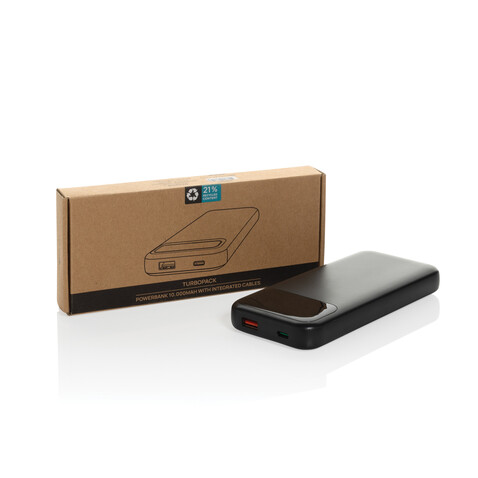 Turbopack 10000mAh Powerbank mit integr. Kabeln aus RCS rABS schwarz bedrucken, Art.-Nr. P322.5801