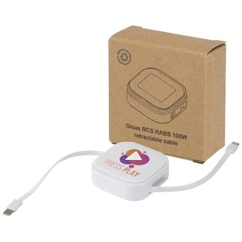 Gloas Aufrollbares 5 in 1 Kabel aus Recyclingmaterial mit Datensynchronisierung und 100 W Schnellladefunktion sowie Smartphone Toolkit, weiss bedrucken, Art.-Nr. 12444801
