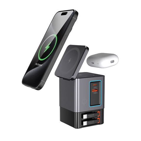 Urban Vitamin Sacramento 105W GaN Charger mit einz. Kabeln grau, schwarz bedrucken, Art.-Nr. P309.5402