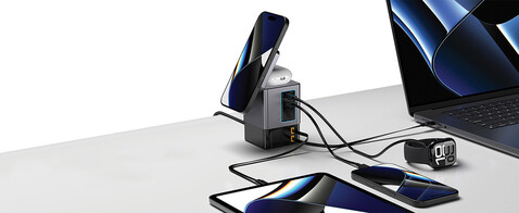 Urban Vitamin Sacramento 105W GaN Charger mit einz. Kabeln grau, schwarz bedrucken, Art.-Nr. P309.5402