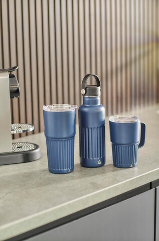Recycelter Edelstahl-Reisebecher mit doppelter Wand (450 ml) von Calo – beige bedrucken, Art.-Nr. 357999999_1267377