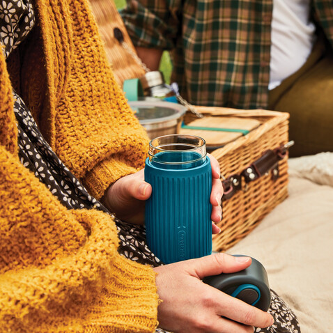 Black+Blum Glas-Reisebecher 340ml turkis bedrucken, Art.-Nr. P439.1633 Black+Blum Glas-Reisebecher 340ml turkis bedrucken, Art.-Nr. P439.1633