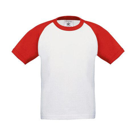 B &amp; C Base-Ball/kids T-Shirt, White/Red, 3/4 (98/104) bedrucken, Art.-Nr. 118420543