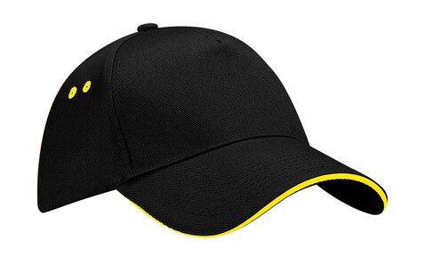 Beechfield Ultimate 5 Panel Cap - Sandwich Peak, Black/Yellow, One Size bedrucken, Art.-Nr. 303691680