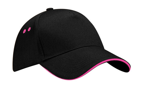 Beechfield Ultimate 5 Panel Cap - Sandwich Peak, Black/Fuchsia, One Size bedrucken, Art.-Nr. 303691700