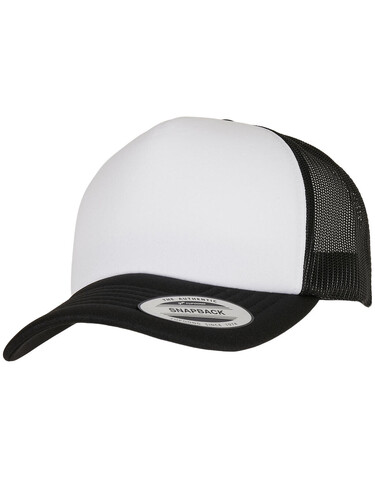 Flexfit Classic Curved Foam Trucker Cap – White Front, Black/White/Black, One Size bedrucken, Art.-Nr. 655681800
