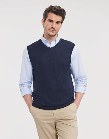 Russell Europe Adults` V-Neck Sleeveless Knitted Pullover, French Navy, XS bedrucken, Art.-Nr. 704002012