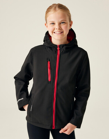Regatta Junior Ablaze 3-Layer Hooded Softshell, Black/Classic Red, 3-4 (104) bedrucken, Art.-Nr. 780171572