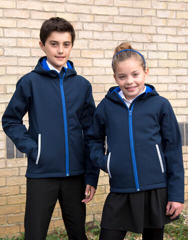 Result Kids TX Performance Hooded Softshell Jacket, Navy/Royal, 2XL (13-14) bedrucken, Art.-Nr. 880332377