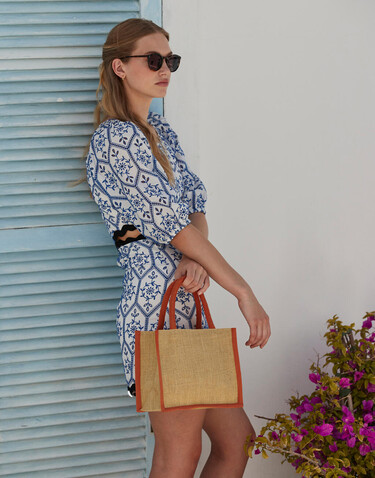 Westford Mill Natural Starched Jute Mini Gift Bag, Natural/Navy, One Size bedrucken, Art.-Nr. 940280600