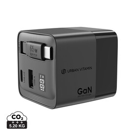 Urban Vitamin Mendocino 65W GaN-Charger mit einziehb. Kabel schwarz bedrucken, Art.-Nr. P301.2701