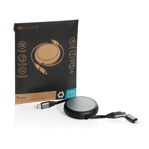 Terra ausziehbares 240W 2-in-1 Kabel aus RCS rec. Aluminium schwarz bedrucken, Art.-Nr. P302.7701