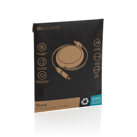 Terra ausziehbares 240W 2-in-1 Kabel aus RCS rec. Aluminium schwarz bedrucken, Art.-Nr. P302.7701