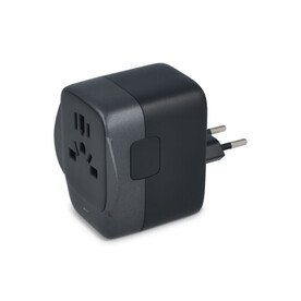 PowerPro Reiseadapter aus recyceltem Kunststoff - Schwarz bedrucken, Art.-Nr. LT41029-N0002