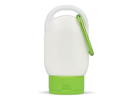 Sonnenschutzlotion mit Karabiner SPF30 aus recyceltem Material 30ml - Hellgrün bedrucken, Art.-Nr. LT91838-N0032
