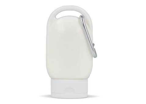 Sonnenschutzlotion mit Karabiner SPF30 aus recyceltem Material 30ml - Weiss bedrucken, Art.-Nr. LT91838-N0001