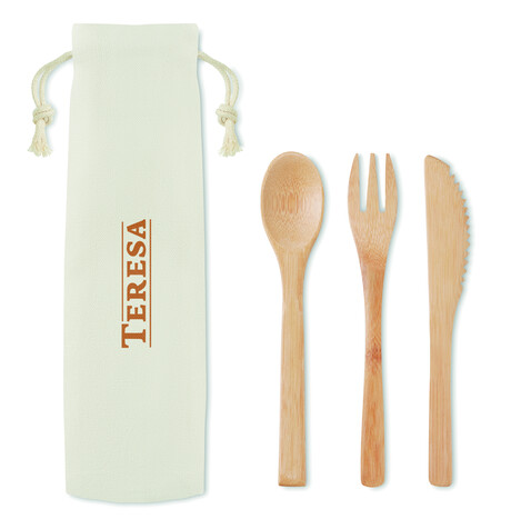 Besteck-Set Bambus - Beige bedrucken, Art.-Nr. MO9786-13