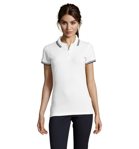PASADENA Damen Polo 200g - Weiß/Marine bedrucken, Art.-Nr. S00578-NW-M