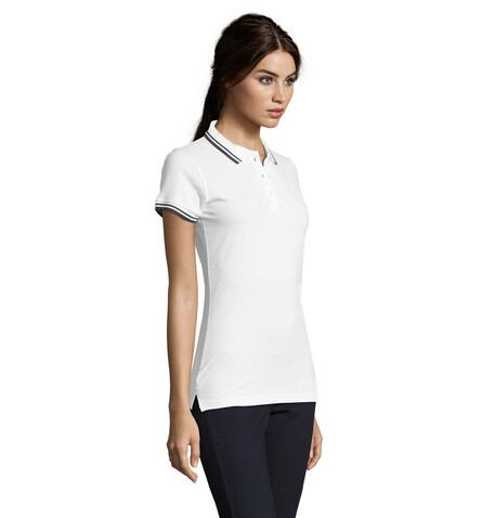 PASADENA Damen Polo 200g - Weiß/Marine bedrucken, Art.-Nr. S00578-NW-M