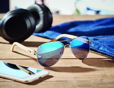 Sonnenbrille Bambus - Blau bedrucken, Art.-Nr. MO6450-04