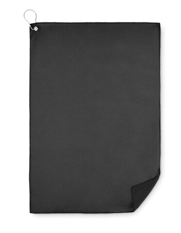 RPET-Golfhandtuch mit Haken - Schwarz bedrucken, Art.-Nr. MO6526-03 RPET-Golfhandtuch mit Haken - Schwarz bedrucken, Art.-Nr. MO6526-03