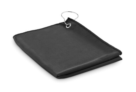 RPET-Golfhandtuch mit Haken - Schwarz bedrucken, Art.-Nr. MO6526-03 RPET-Golfhandtuch mit Haken - Schwarz bedrucken, Art.-Nr. MO6526-03