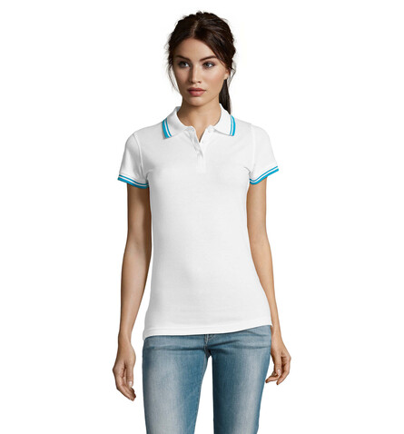 PASADENA Damen Polo 200g - White/Aqua bedrucken, Art.-Nr. S00578-QU-XL PASADENA Damen Polo 200g - White/Aqua bedrucken, Art.-Nr. S00578-QU-XL