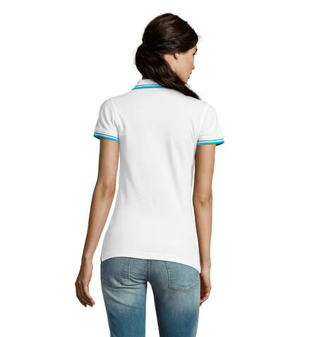 PASADENA Damen Polo 200g - White/Aqua bedrucken, Art.-Nr. S00578-QU-XL PASADENA Damen Polo 200g - White/Aqua bedrucken, Art.-Nr. S00578-QU-XL