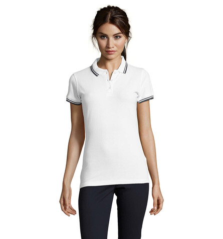 PASADENA Damen Polo 200g - Weiß/Marine bedrucken, Art.-Nr. S00578-NW-L PASADENA Damen Polo 200g - Weiß/Marine bedrucken, Art.-Nr. S00578-NW-L