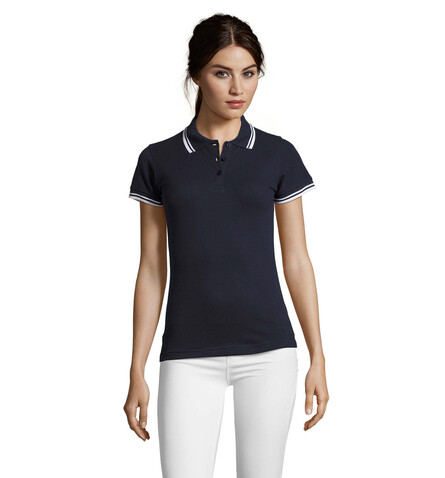 PASADENA Damen Polo 200g - Französische Marine/weiß bedrucken, Art.-Nr. S00578-FW-L