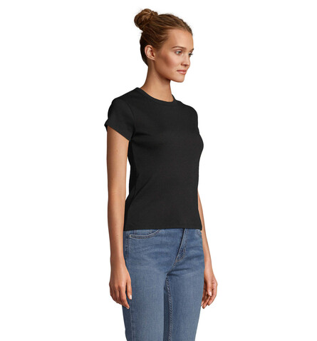 SARA WOMEN'S RIBBED T-SHIRT - Deep Black bedrucken, Art.-Nr. S04814-DB-M