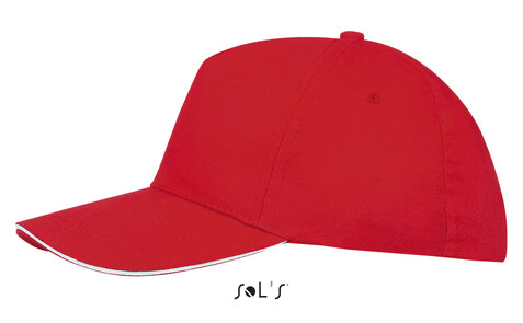 SUNNY FIVE PANEL CAP 180g - Rot / Weiß bedrucken, Art.-Nr. S88110-RE-M SUNNY FIVE PANEL CAP 180g - Rot / Weiß bedrucken, Art.-Nr. S88110-RE-M