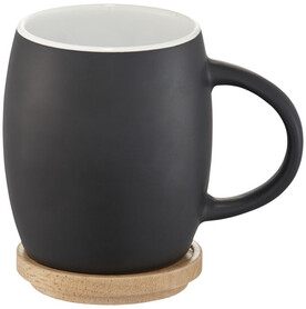 Hearth 400 ml Keramiktasse mit Holz Untersetzer, schwarz, weiss bedrucken, Art.-Nr. 10046600