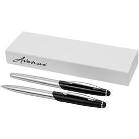 Geneva Stylus Kugelschreiber- und Tintenrollerset (blaue Mine), silber, schwarz bedrucken, Art.-Nr. 10667000