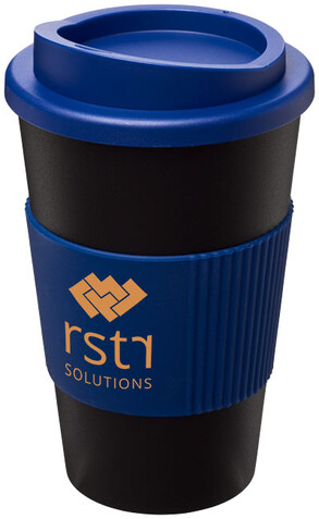 Americano® 350 ml Isolierbecher mit Schutzring, schwarz, blau bedrucken, Art.-Nr. 21000202 Americano® 350 ml Isolierbecher mit Schutzring, schwarz, blau bedrucken, Art.-Nr. 21000202