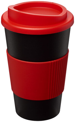 Americano® 350 ml Isolierbecher mit Schutzring, schwarz, rot bedrucken, Art.-Nr. 21000203