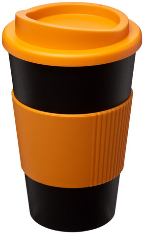Americano® 350 ml Isolierbecher mit Schutzring, schwarz, orange bedrucken, Art.-Nr. 21000205