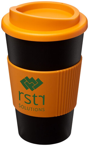 Americano® 350 ml Isolierbecher mit Schutzring, schwarz, orange bedrucken, Art.-Nr. 21000205