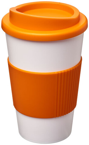 Americano® 350 ml Isolierbecher mit Schutzring, weiss, orange bedrucken, Art.-Nr. 21000212 Americano® 350 ml Isolierbecher mit Schutzring, weiss, orange bedrucken, Art.-Nr. 21000212