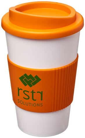 Americano® 350 ml Isolierbecher mit Schutzring, weiss, orange bedrucken, Art.-Nr. 21000212 Americano® 350 ml Isolierbecher mit Schutzring, weiss, orange bedrucken, Art.-Nr. 21000212
