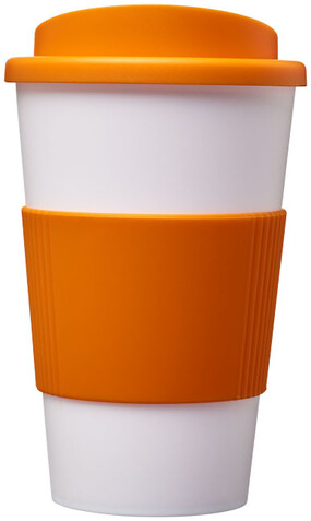 Americano® 350 ml Isolierbecher mit Schutzring, weiss, orange bedrucken, Art.-Nr. 21000212 Americano® 350 ml Isolierbecher mit Schutzring, weiss, orange bedrucken, Art.-Nr. 21000212