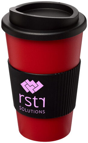 Americano® 350 ml Isolierbecher mit Schutzring, rot, schwarz bedrucken, Art.-Nr. 21000216