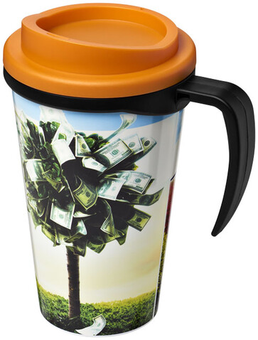 Brite-Ameriano® Grande 350 ml Isolierbecher, schwarz, orange bedrucken, Art.-Nr. 21000620