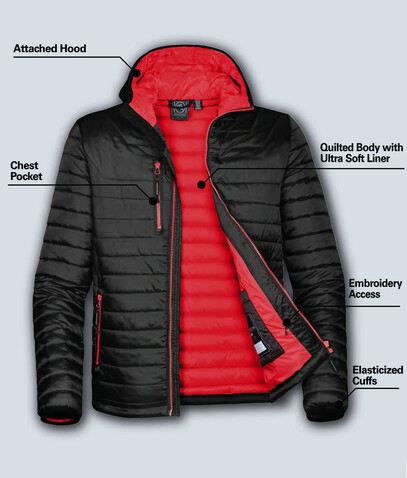 StormTech Gravity Thermal Jacket, Black/True Red, 2XL bedrucken, Art.-Nr. 012181637
