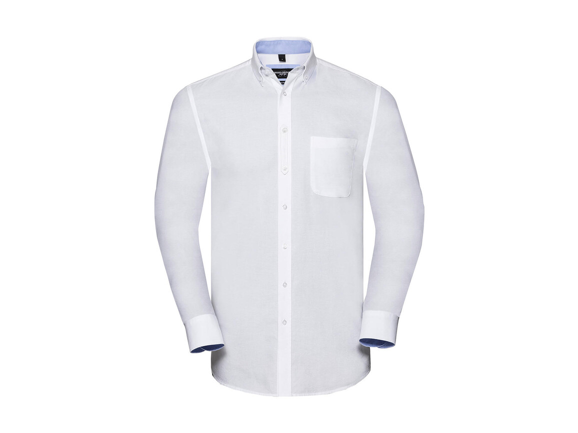 Russell Europe Men`s LS Tailored Washed Oxford Shirt, White/Oxford Blue, M bedrucken, Art.-Nr. 020000534
