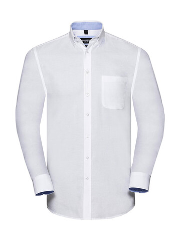 Russell Europe Men`s LS Tailored Washed Oxford Shirt, White/Oxford Blue, L bedrucken, Art.-Nr. 020000535